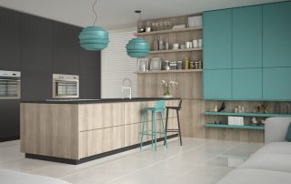 Minimalistic gray kitchen with wooden and turquoise details, minimal interior design