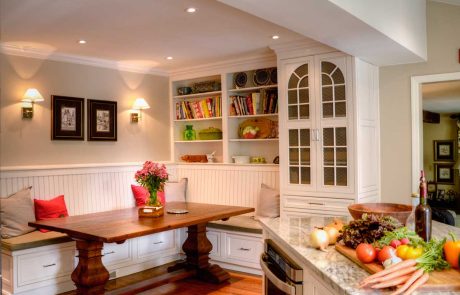 white farmhouse breakfast nook with oak table