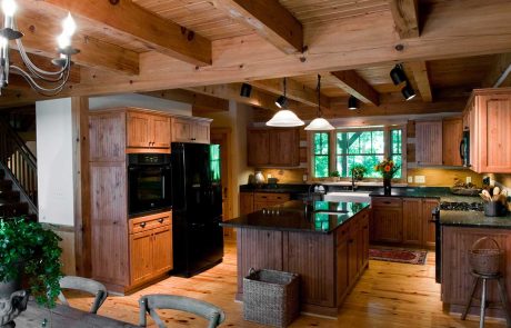 rustic kitchen with dark wood beams