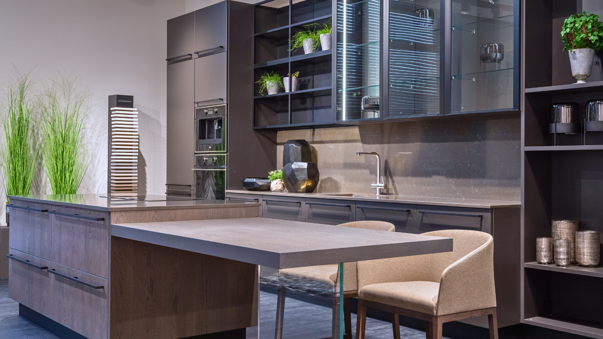 Modern kitchen cabinets and island in a showroom