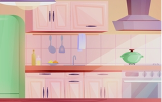 pastel colored cartoon illustration of a kitchen