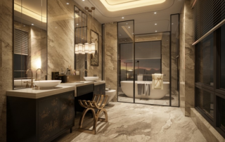 gold marble walls and flor in a fancy bathroom